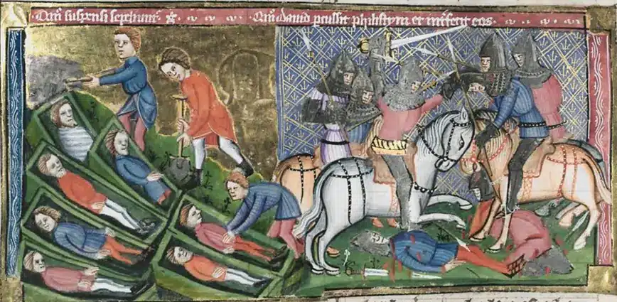 Miniature médiévale représentant l’inhumation collective de soldats morts au combat dans des fosses communes après une bataille, manuscrit Weltchronik, Trèves, 1383.